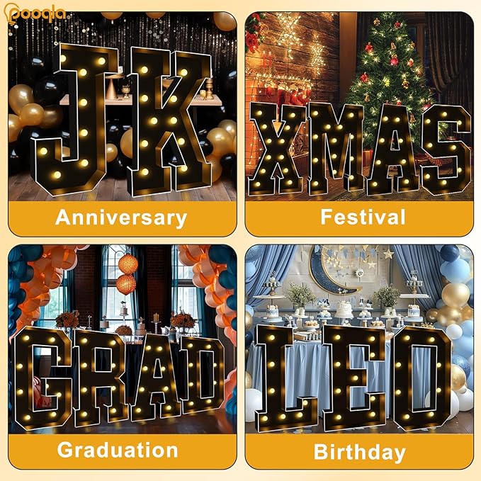 Pooqla 3FT Marquee Light Up Letters, Black LED Party Decor Large Marquee Letters 3 Feet Tall, Giant Mosaic Letter for Birthday Graduation Anniversary Wedding Decoration, Letter H
