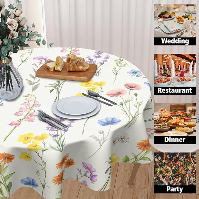 Spring Summer Round Tablecloth Colorful Floral Circle Table Cloth 70 Inch Farmhouse Table Cover Washable Polyester Indoor Decorations for Home Kitchen Dinning Party
