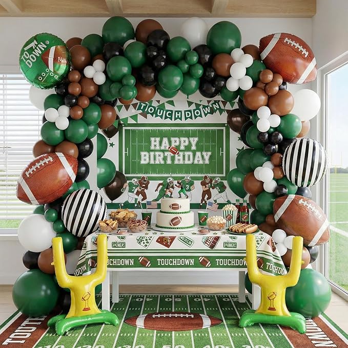 Football Balloon Garland Arch Kit dark green brown Balloons with backdrop Goal Post Mylar Balloons for Sports Birthday Boys first year touch down party decorations
