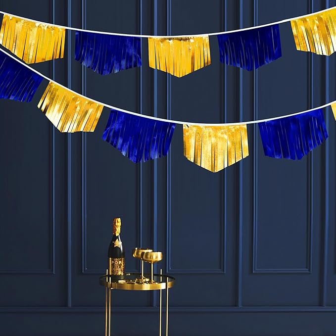Royal Blue Gold Tassel Banner Metallic Fabric Pennant Bunting Flag for Graduation Retirement Bachelorette Birthday Engagement Wedding Bridal Shower Nautical Ahoy Achor Party Decorations Supplies