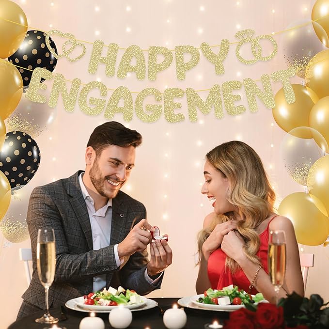 Pre-Strung Engagement Party Decorations,Glitter Happy Engagement Banner,Engaged Banner Congratulations Wedding for Bachelorette Party Shower Signs Decor（ Champagne Gold ）