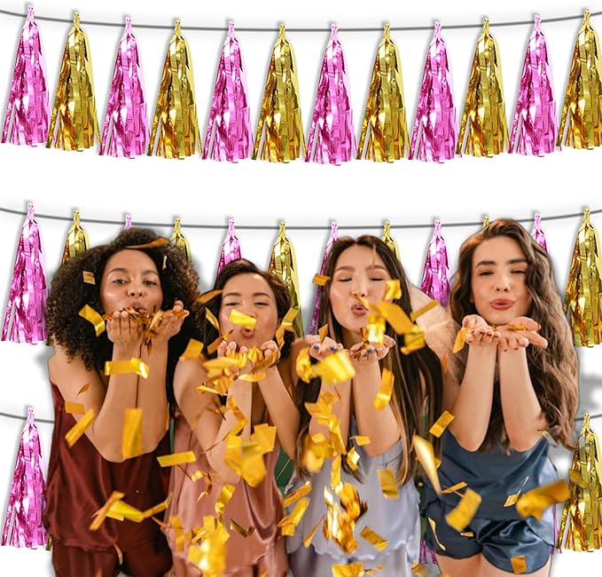 3P Gold Pink Metallic Fringe Tassel Banner Garland Foil Tinsel Streamer Wall Hanging Curtain Backdrop for Parade Floats, Graduation, Wedding, Bachelorette, Birthday, Retirement Party Decorations