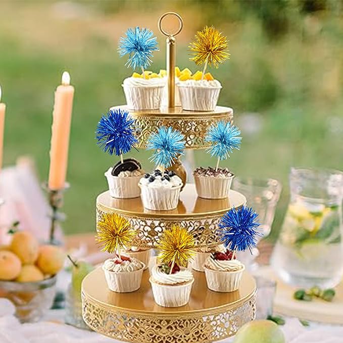 Gyufise 30Pcs Foil Firework Cupcake Toppers Sparkle Tinsel Cake Toppers Tinsel Drink Cake Decoration Cocktail Picks for Birthday Wedding Graduation Party Supplies Gold Light Dark Blue