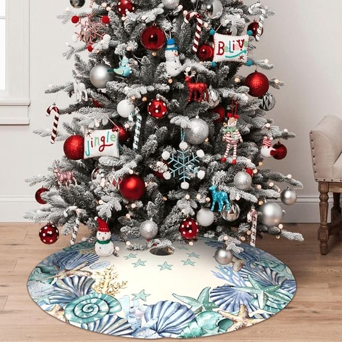 Shell Coastal Wreath Beach Starfish Sea Theme Seahorses Christmas Tree Skirt Xmas Tree Mat Halloween Christmas Tree Ornaments Decorations Holiday Party Indoor Outdoor 48"
