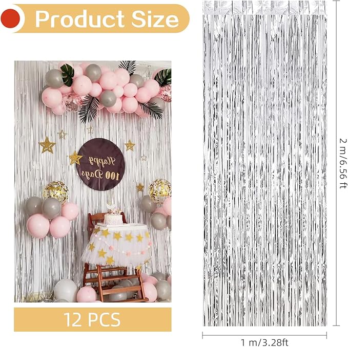 12 Pack Silver Foil Curtain Backdrop 3.2ft x 6.6ft Metallic Tinsel Fringe Backdrop Curtains Streamer Photo Booth Backdrop for Birthday Engagement Bachelorette Christmas Holiday Party Decorations