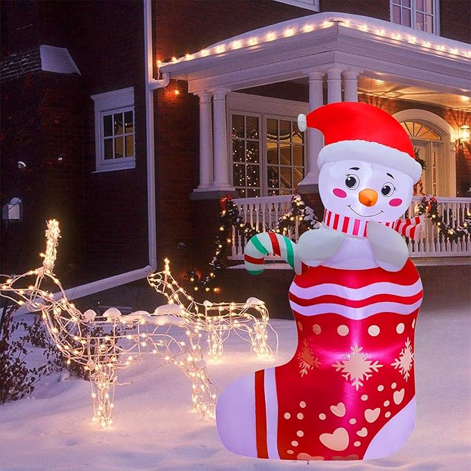 Juegoal Christmas Inflatables Outdoor Decorations, 5FT Inflatable Snowman in Xmas Stocking, Lighted Blow Up Snowman Standing on Christmas Socks with Built in Lights for Holiday Lawn Yard Garden Decor