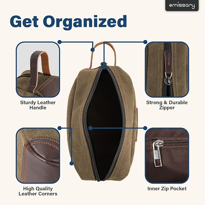 Emissary Men's Leather and Canvas Travel Toiletry Bag, Dopp Kit, Travel Bathroom Bag, Shaving Kit, Small Bags for Travel Accessories (Brown)