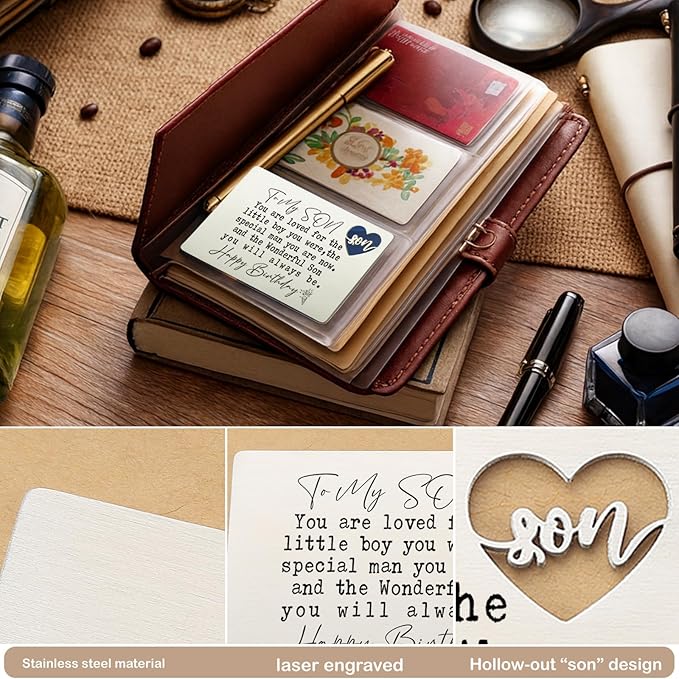 YODOCAMP To My Son Happy Birthday Wallet Insert, Stainless Steel Laser-Engraved Postcard with Heart Cutout, Sentimental Birthday Gift for Son from Parents, Inspirational Pocket Keepsake Card QBK05