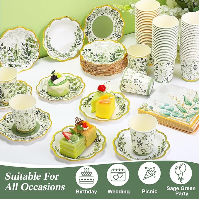 Yungyan 216 Pcs 72 Guests Greenery Plates and Napkins Party Supplies Sage Green and Gold Scalloped Disposable Eucalyptus Paper 6" Plates, Napkins and 9 oz Cups Set for Baby Shower Wedding Decoration