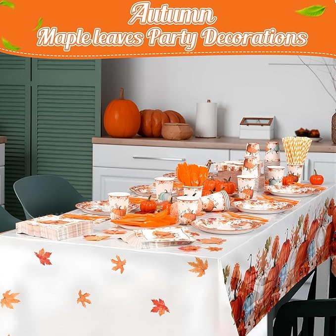 452 Pcs Fall Party Decorations Thanksgiving Party Supplies Fall Maple Leaves Pumpkins Paper Plates Napkins Cups Tablecloth Cutlery Straws for Autumn Thanksgiving Harvest Birthday Holiday