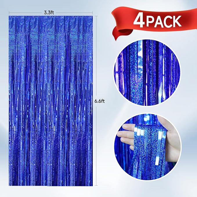 QRabbit 4 Pack Backdrop Curtains, Blue Foil Fringe Curtain Tinsel Backdrop, Party Streamers for Birthday Graduation Engagement Wedding Baby Shower Christmas Party Decorations