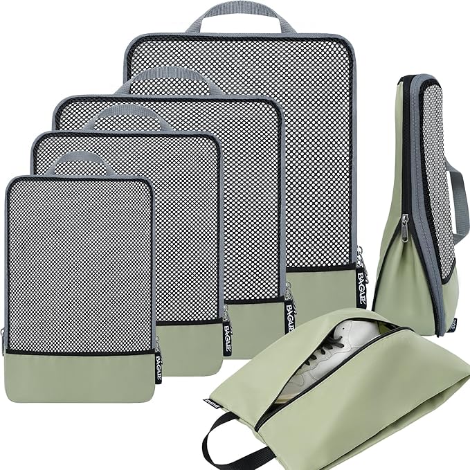 BAGAIL 4 Set/6 Set/8 Set Compression Packing Cubes Travel Accessories Expandable Packing Organizers (Half Mesh, 6-Matcha Green)