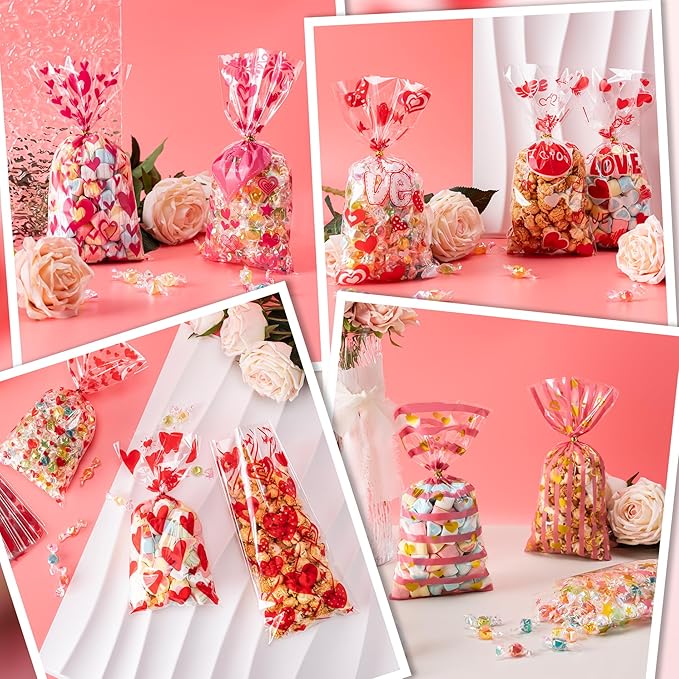 Aegero Valentines Cellophane Bags 120pcs Valentines Candy Bags with 140pcs Twists for Valentine's Candy Cookie Goodie Snack Bag for Valentines Day Wedding Party Favor Supplies,Classroom Parties Valentine04-LOVE and HEART