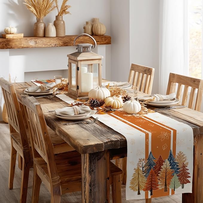GEEORY Fall Watercolor Trees & Maple Leaves Striped Table Runner 13x90 Inch, Rustic Farmhouse Autumn Thanksgiving Decor for Kitchen, Dining, Indoor/Outdoor Holiday Dinner Party Orange GT157-90
