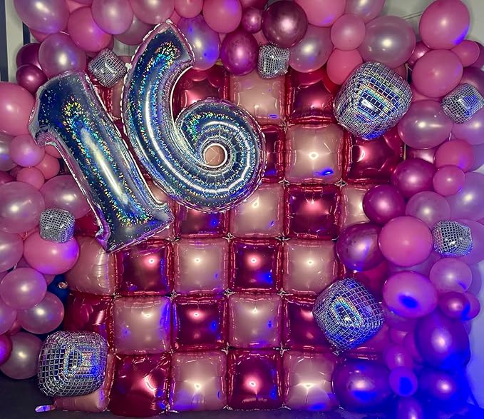 Hot Pink Square Balloons Wall, 10 PCS Magenta Foil Balloons Wall Double Sided Pink Balloon Wall Backdrop for Girls Bachelorette Birthday Bridal Shower Princess Party Decorations