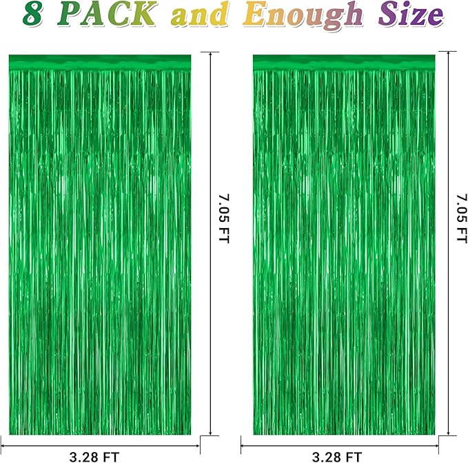 8 Pack Green Streamer, 3.28 FT x 7.05 FT Dinosaur Backdrop, Metallic Tinsel Backdrop FOI Fringe Curtains Party Streamer, Jungle Decor Green Streamer Party Decorations Photo Booth Props