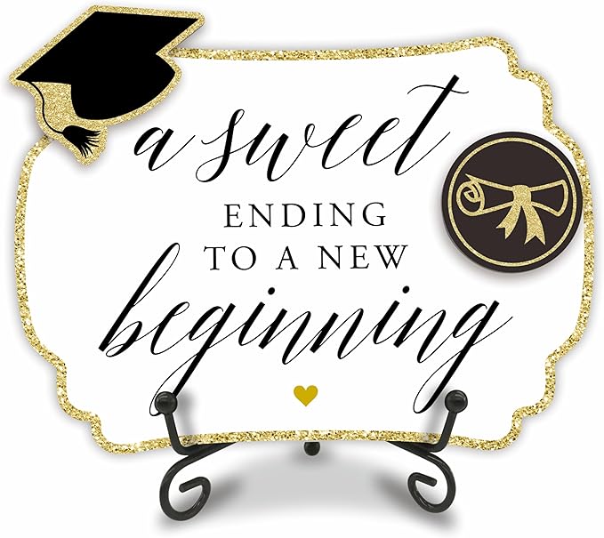5"X7" Graduation Wooden Buffet Sign - A Sweet Ending To A New Beginning - Candy Sign With 1 Metal Support，2 DIY Wood Decor With Velcro, Grad Party Decor & Supplies(Gold) - B02