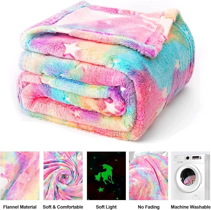 TEHALK Personalized Unicorn Blanket for Girls, Glow in The Dark, Kids Throw Blanket, 30"x40", Pink