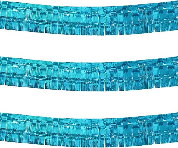 Thick 10 Feet by 15 Inch Turquoise Foil Fringe Garland - Pack of 3 | Shiny Metallic Tinsel Banner for Parade Floats, Bridal Shower, Wedding, Birthday, Christmas | Wall Hanging Drapes (3)