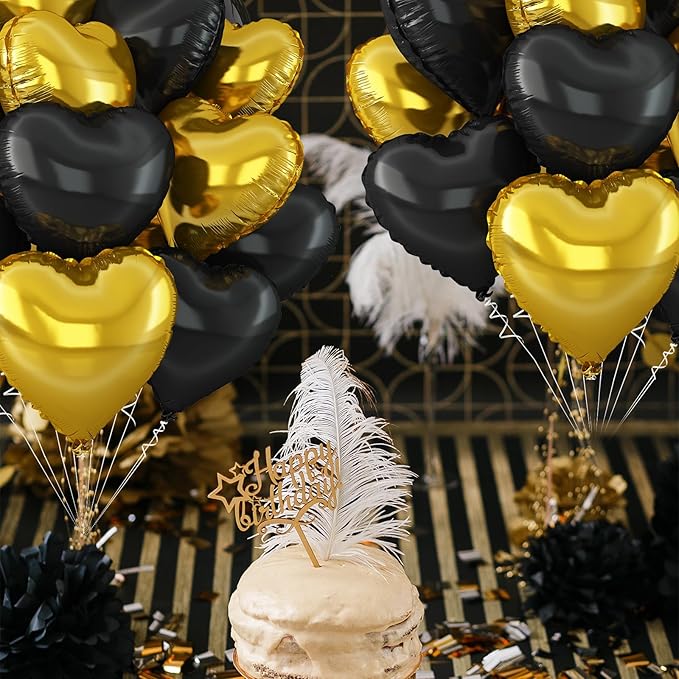 Black Gold Heart Balloons,12Pcs Black Heart Shaped Foil Balloons,18Inch Gold Helium Balloon for Birthday New Year Baby Shower Anniversary Wedding Party Decorations