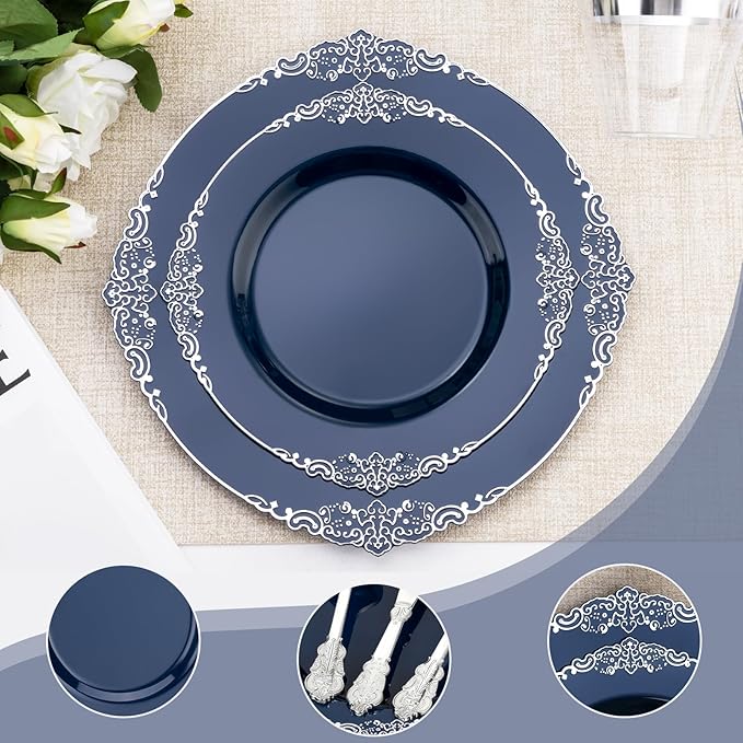 175PCS Navy Blue Plates for 25 Guests, Disposable Dinnerware Sets Include 50 Plastic Plates, 25 Silverwares, 25 Cups, and 25 Pre Rolled Napkins for Party, Wedding and Graduation