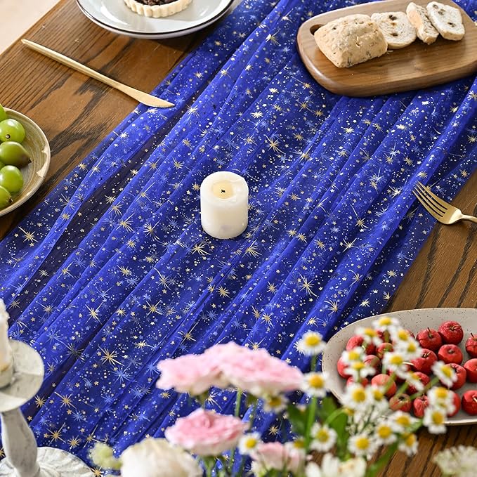 Horaldaily Royal Blue Gold Sparkling Star Gauze Tablecloth 60x84 Inch Rectangular, Golden Star Sequin Glitter Metallic Foil, Sheer Tulle Cheesecloth for Wedding Baby Shower Party