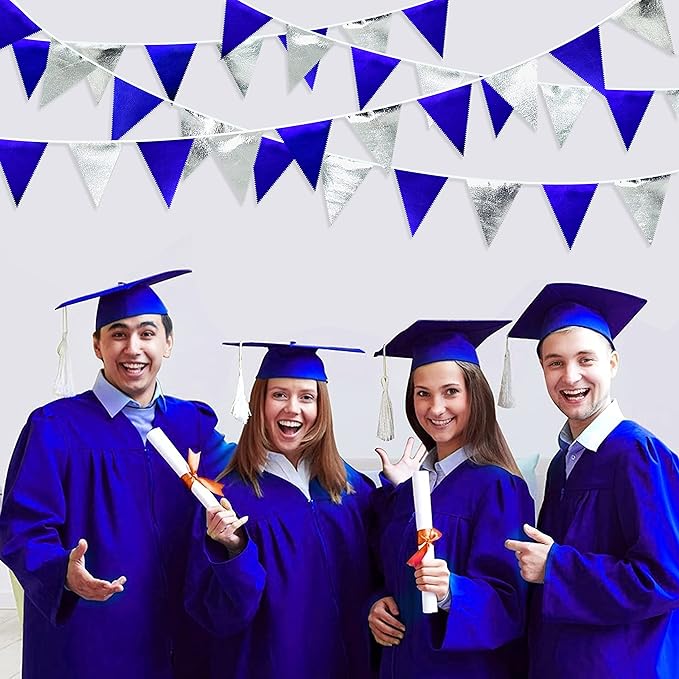 Royal Blue Silver Party Decorations Navy Blue Triangle Pennant Banner Flag Metallic Fabric Bunting Garland for Birthday Graduation Wedding Retirement Nautical Ahoy Achor Pirate Theme Party Supplies