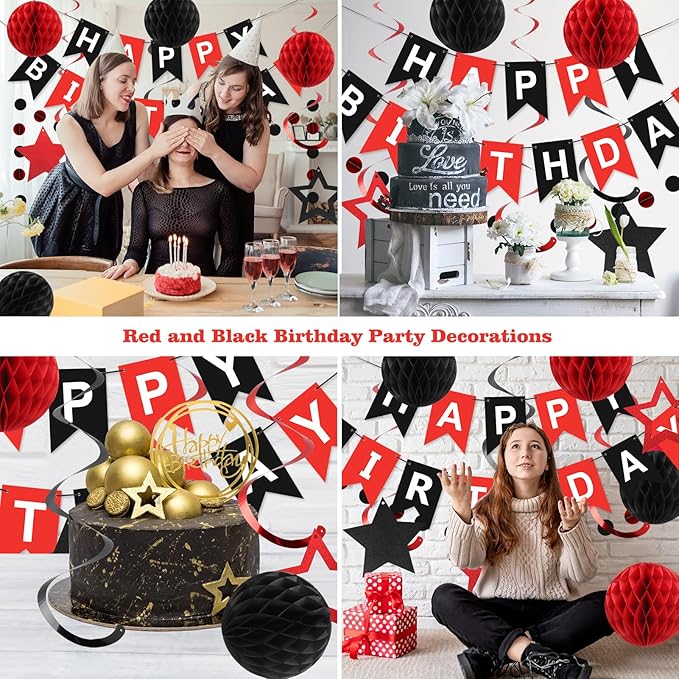 meowtastic Birthday Decorations, Happy Birthday Banner with Honeycomb Balls, Star Hanging Swirl Streamers, Circle Dots Garland, Happy Birthday Party Decorations for Women Men Boys Girls (Red & Black)