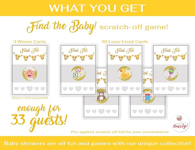 Party Hearty Baby Shower Games Gold 33 Raffle Cards, Emoji Scratch Off Lottery Tickets, 3 Winners 5 Different Loser Card Designs, Gender Neutral, Silly Activity for Ice Breakers, Door Prizes, Favors