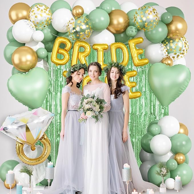 Sage Green Bachelorette Party Decorations, Bride To Be Helium Mylar Foil Letter Balloons with White Gold Camp Latex Balloons and for Bridal Shower Decoration Engagement Hen Wedding Party Decor