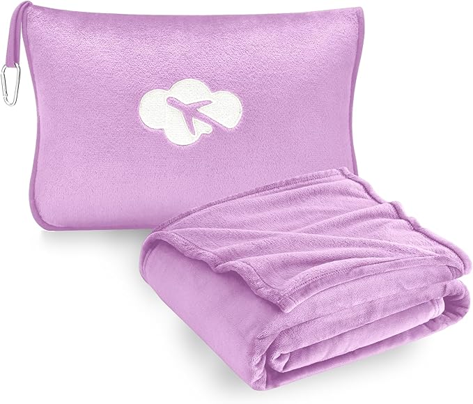 Travel Blanket and Pillow Compact, Premium Soft 2 in 1 Airplane Blanket with Soft Bag Pillowcase，Hand Luggage Sleeve and Backpack Clip (Solid Purple)