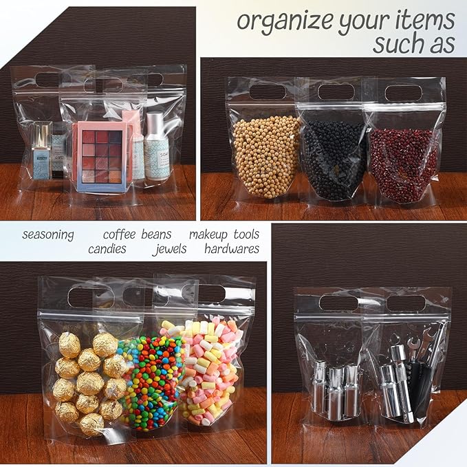 Sinload 60 Pcs Plastic Gift Bag Bulk 5.5 x 8.7 Inch Resealable Party Goodie Bag with Clear Window Color Favor Pouch with Handle for Home Birthday Wedding Party Candy Gift Wrap(Transparent)