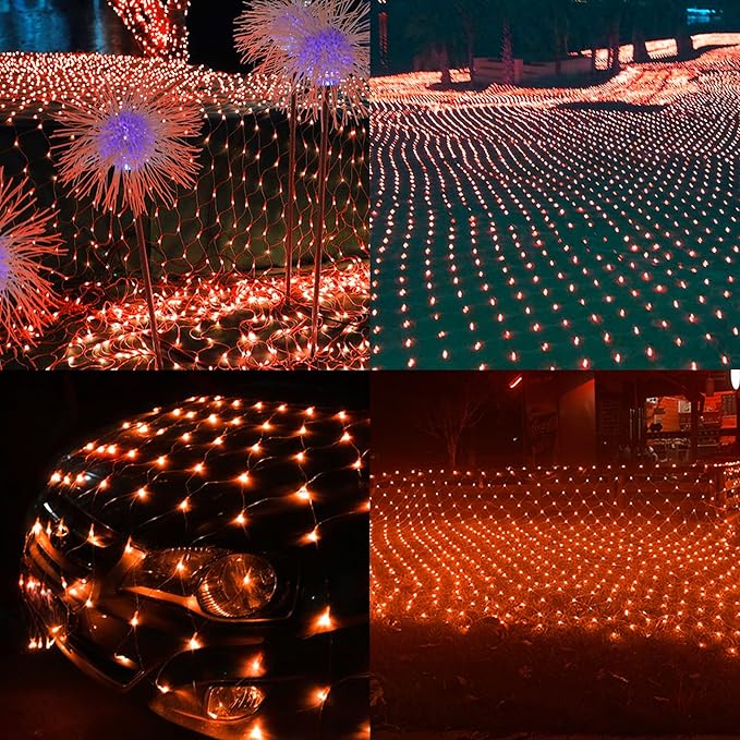 LJLNION Halloween Net Lights, 360 LED 12ft x 5ft Connectable Mesh Fairy String Lights,8 Modes Low Voltage Safe Adaptor for Xmas Trees, Bushes, Wedding, Outdoor Garden Decorations, Orange