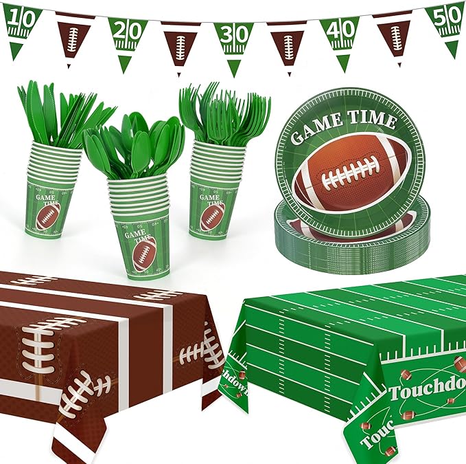 Football Party Decorations,133Pcs Football Party Supplies Set Disposable Footballs Birthday Plates Cups Knives Spoons Fork Banner and Tablecloth,Footballs Parties Supplies for Home,Dinner,Birthday
