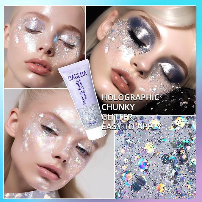 DAGEDA Body Glitter Gel, Body Sequins Shimmer Liquid Eyeshadow, Chunky Glitter for Face Hair Nails, Holographic Cosmetic Laser Powder Festival Glitter Makeup 50ml(Silver)