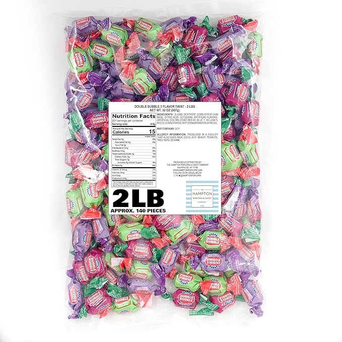 Double Assorted Fruit Flavored Bubble Gum - 1 Pound Bulk Bag (Approx. 70 Pieces) - Individually Wrapped Gum - The Hampton Popcorn & Candy Company (Assorted Fruit Flavored - Multi Colored)