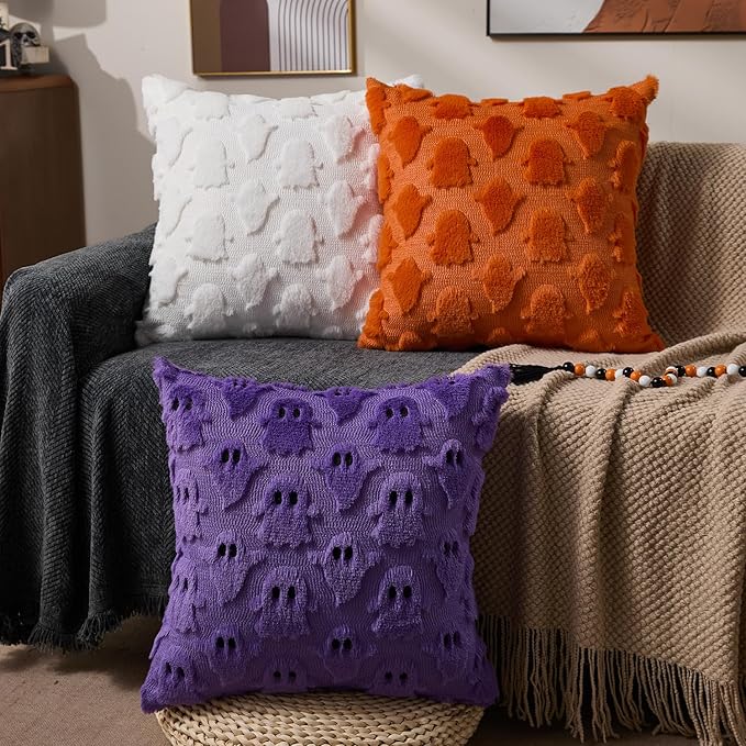 DFXSZ Halloween Pillow Covers 18x18 inch Set of 2 Orange Ghost Throw Pillow Cases Soft Plush Faux Fur Wool Couch Cushion Case for Chair Sofa Bedroom Living Room Home Decor PTK03S18