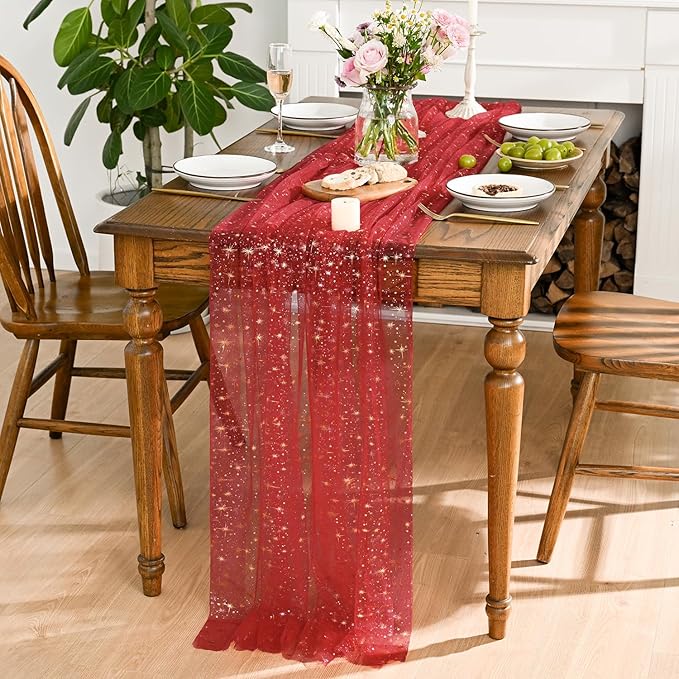 Horaldaily Red Gold Sparkling Star Gauze Tablecloth 60x104 Inch Rectangular, Golden Star Sequin Glitter Metallic Foil, Sheer Tulle Cheesecloth for Wedding Baby Shower Party