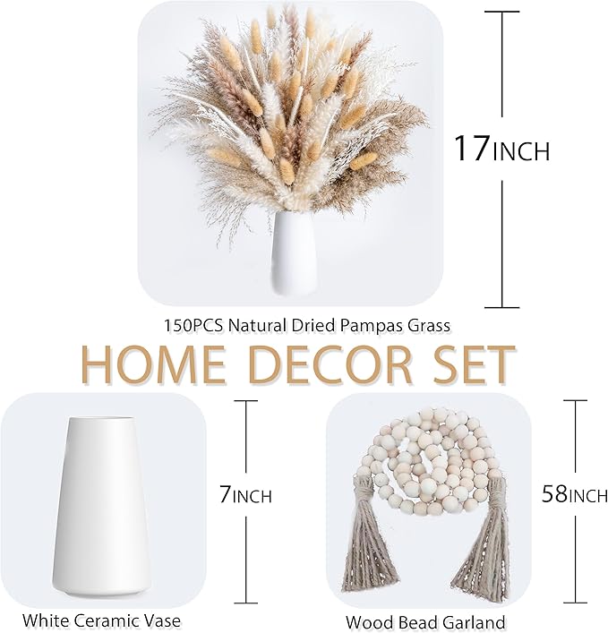 150pcs Pampas Grass + 1 White Ceramic vase + 1 Wood Bead Garland , Boho Home Decor Bouquet Phragmites Dried Flowers Bouquet for Wedding Floral Arrangements Home Decorations