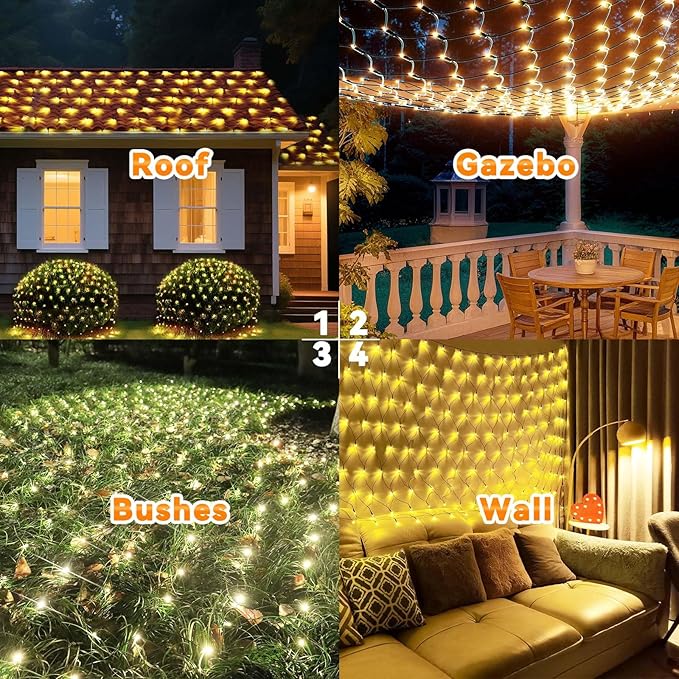 LitHome 14.8FT x 5FT Christmas Net Lights Outdoor Mesh Lights, 300 LED Warm White Net Light 8 Modes Connectable, Waterproof Giant Christmas Mesh Light Green Wire for Bushes Garden Yard Party Decor