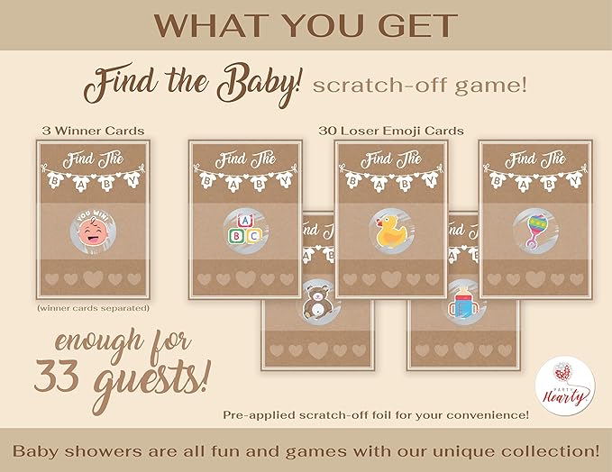 Party Hearty Baby Shower Games Kraft 33 Raffle Cards, Emoji Scratch Off Lottery Tickets, 3 Winners 5 Different Loser Card Designs, Gender Neutral, Silly Activity for Ice Breakers, Door Prizes, Favors
