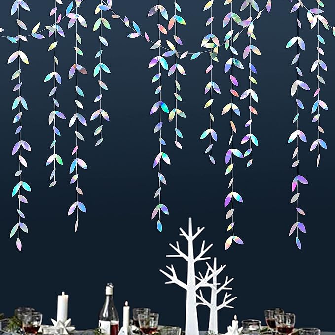 52Ft Iridescent Leaf Garland Holographic Paper Colorful Hanging Leaves Streamer Banner for Birthday Baby Shower Wedding Engagement Bridal Shower Bachelorette Holiday Euphoria Party Decoration Supplies