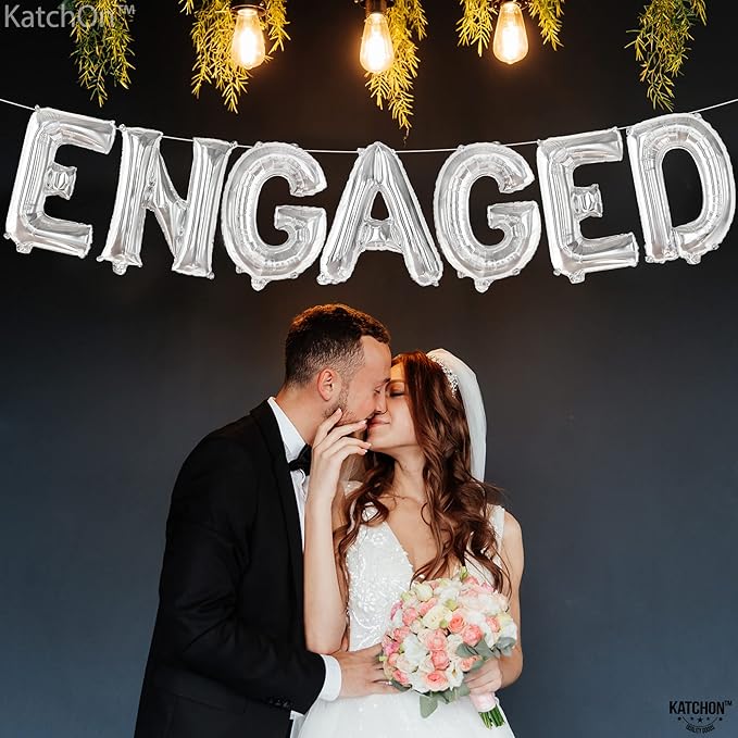 KatchOn, Silver Foil Engaged Balloons Letter - 16 Inch | Engagement Balloons for Engagement Party Decorations | Bachelorette Party Decorations | engagement Party Balloons for decoration
