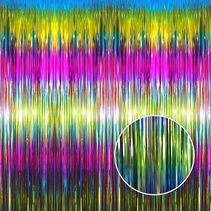 GOER 6.4 ft x 8.2 ft Metallic Tinsel Foil Fringe Curtains Party Photo Backdrop Party Streamers for Birthday,Graduation,New Year Eve Decorations Wedding Decor(2 Packs,Macaroon Rainbow)