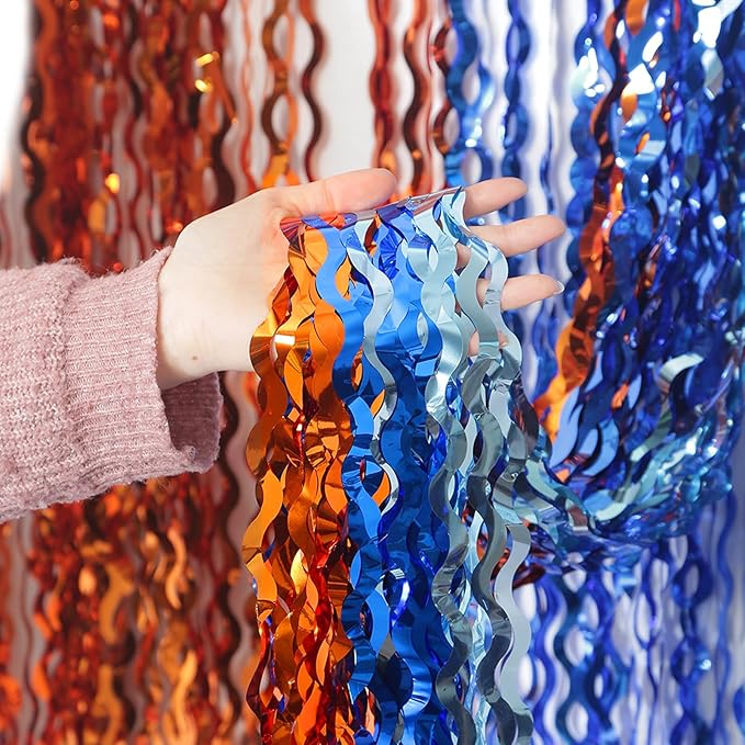 3 Pack Wavy Blue Dog Tinsel Backdrop Party Decorations - 3.3x6.6ft Orange and Dark Light Blue Metallic Foil Fringe Streamers for Birthday Party Supplies Photo Booth Prop Backdrop
