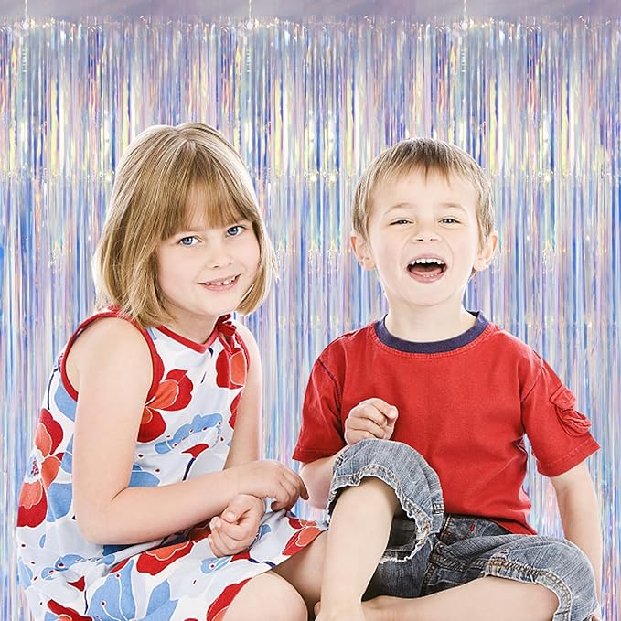 2 Pack Iridescent Foil Fringe Curtains, Holographic Tinsel Streamers Birthday Party Decorations, Fringe Backdrop for Kids Birthday, Baby Shower, Anniversary, Engagement Themes Party