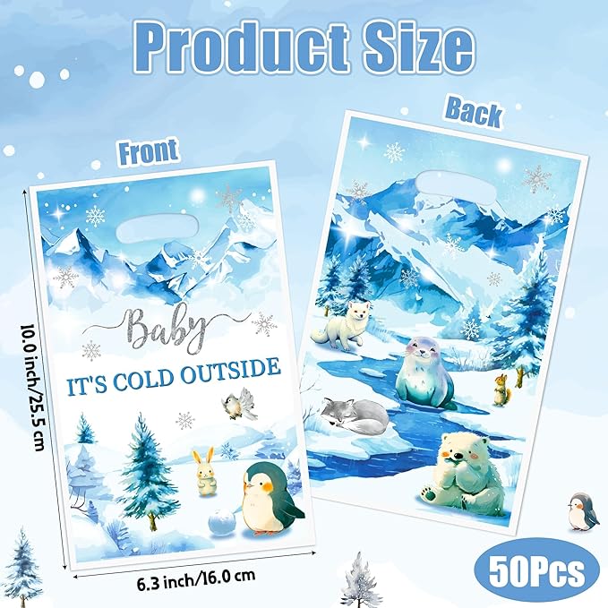 Winter Animals Party Favor Bags - 50Pcs Watercolor Polar Animals Goody Candy Treat Gifts Bags, Penguin Polar Bear Themed Party Decorations for Kids Birthday Baby Shower Winter Theme Events Supplies