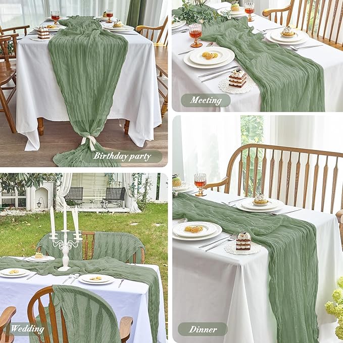 IVAPUPU 2 Pcs Cheesecloth Table Runner - 10ft Sage Green Easter Decor Boho Gauze Cheese Cloth Table Runners for Baby Shower Decorations Wedding Party Spring Garden Farmhouse