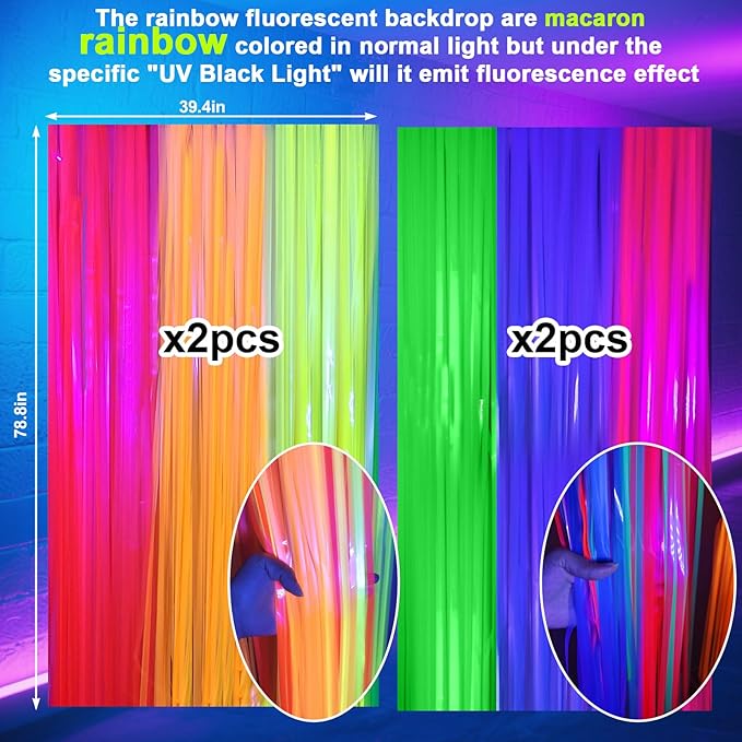 4 Packs Glow in the Dark Foil Fringe Curtain, Macaron Rainbow Blacklight Reactive Fluorescent Tinsel Backdrop Neon Luminous Streamers for Birthday, Wedding, Neon Party, Glow Party Decorations Supplies