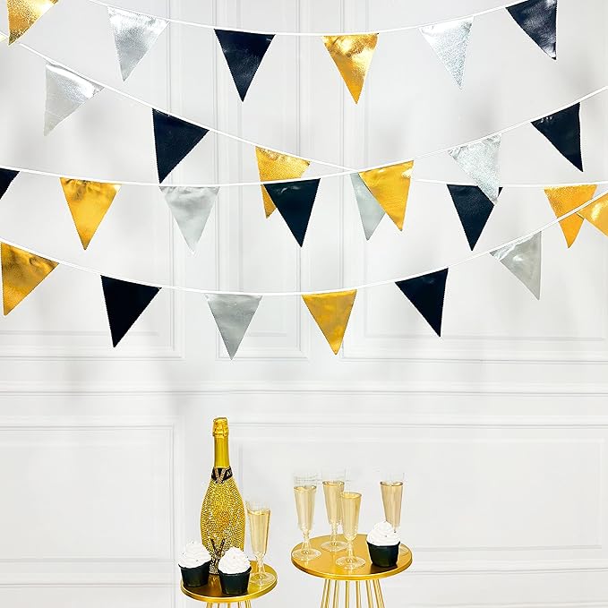 Black Gold Silver Party Decoration Triangle Pennant Banner Flag Metallic Fabric Bunting Garland for Birthday Graduation Anniversary Wedding Bridal Shower Bachelorette Engagement Disco Party Supplies